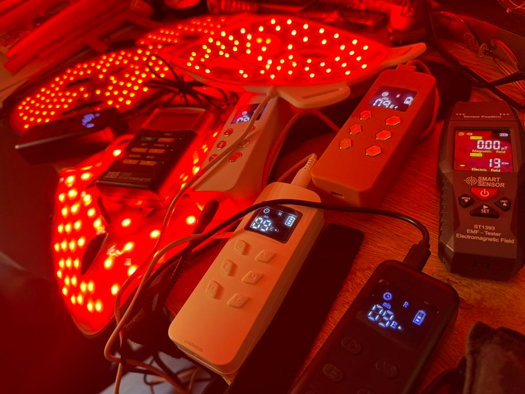 Collection of red light therapy masks being tested