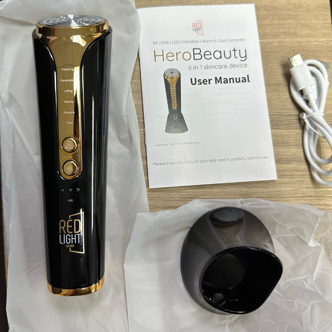 HeroBeauty™ 6 in 1 Facial Rejuvenation Device by Red Light Hero with manual, USB cable and stand