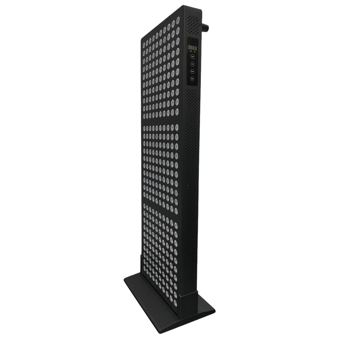 Black HS1 floor stand holding a red light therapy panel vertically