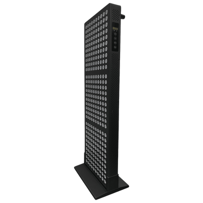 Black HS1 floor stand holding a red light therapy panel vertically