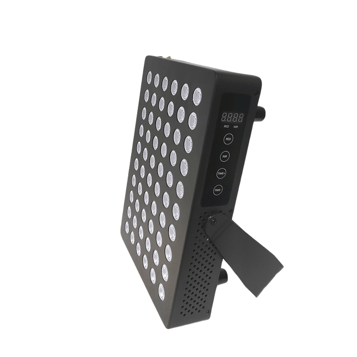 Hero60 black tabletop red light therapy panel angled on its stand
