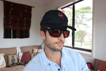 Man wearing the HeroHat LED cap with protective glasses