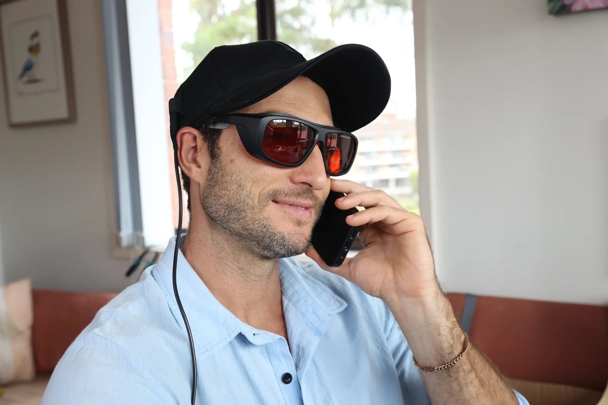 Close-up of a man wearing the HeroHat LED cap and protective glasses