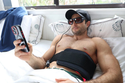 Man reclining with the HeroHat LED cap and belt controller