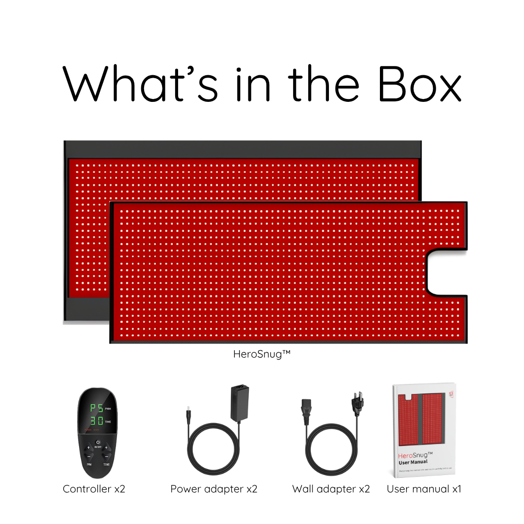 HeroSnug box contents with two mats, controllers, adapters and user manual
