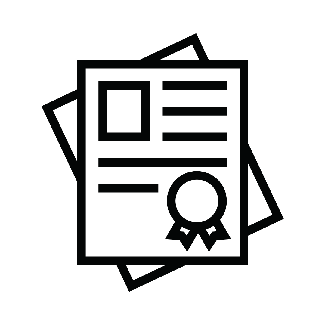 Icon of a stack of documents with a ribbon, symbolizing an award or certificate.