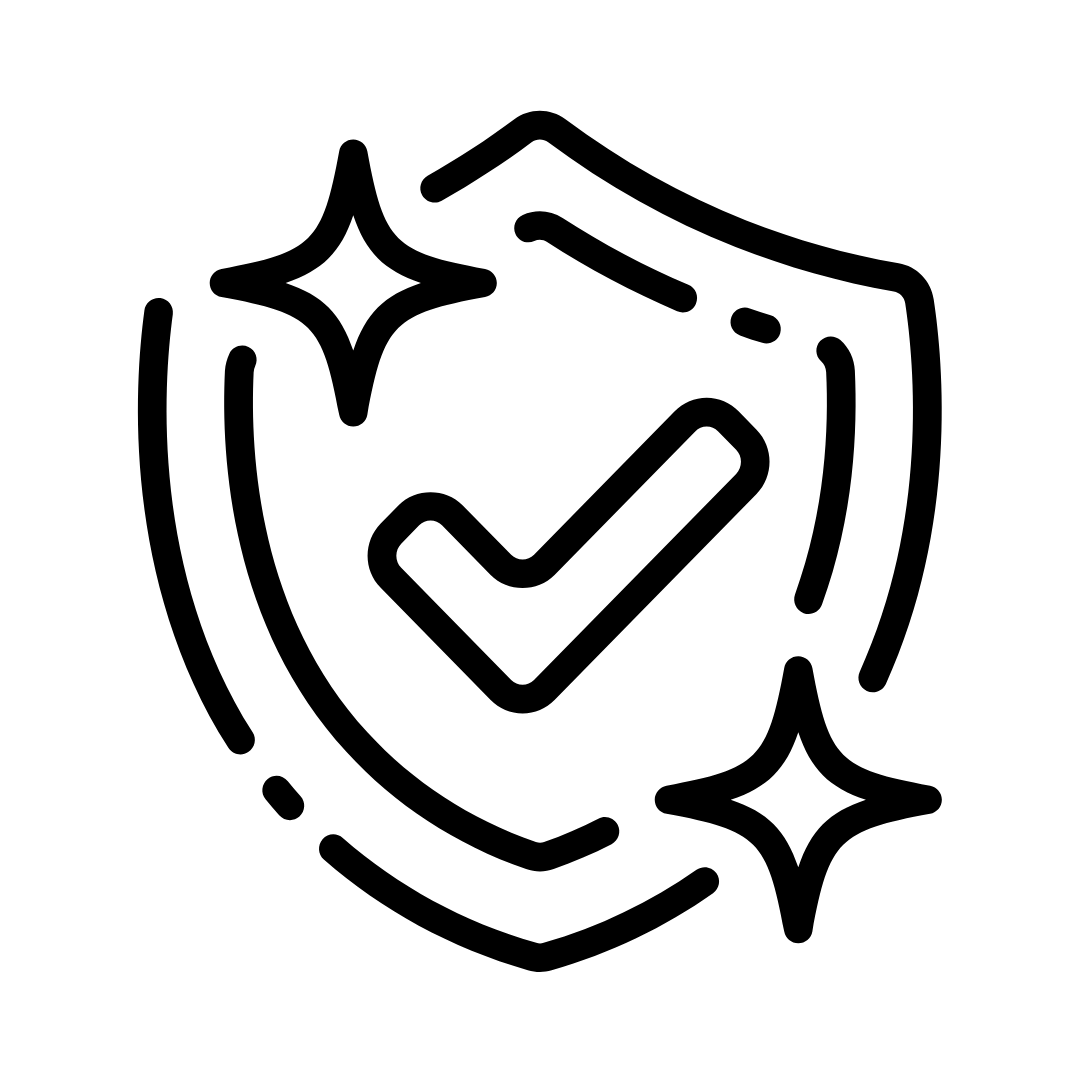 Black line art of a shield with a check mark and stars on a white background symbolising Red Light Hero's 2 year warranty for their Hero Series panels
