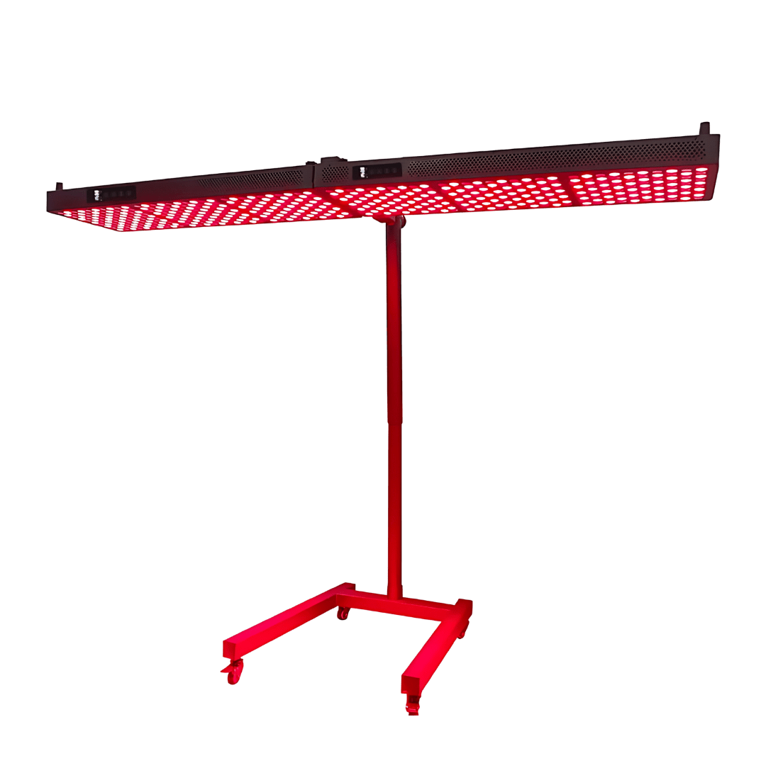 Illuminated red light therapy panel mounted horizontally on a mobile stand