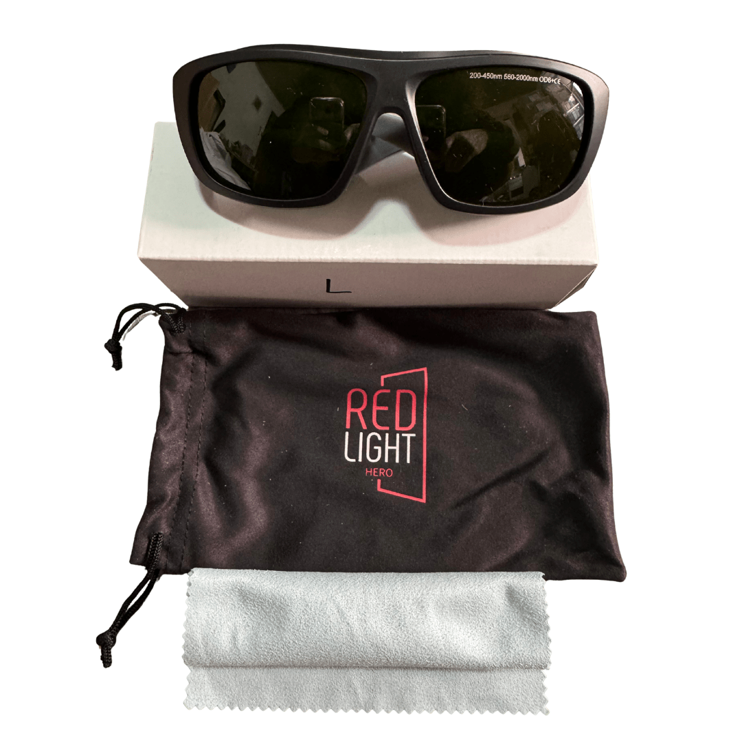Large red-light therapy protective glasses with box, pouch and cloth