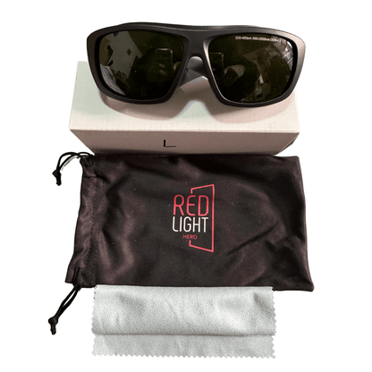 Large red-light therapy protective glasses with box, pouch and cloth