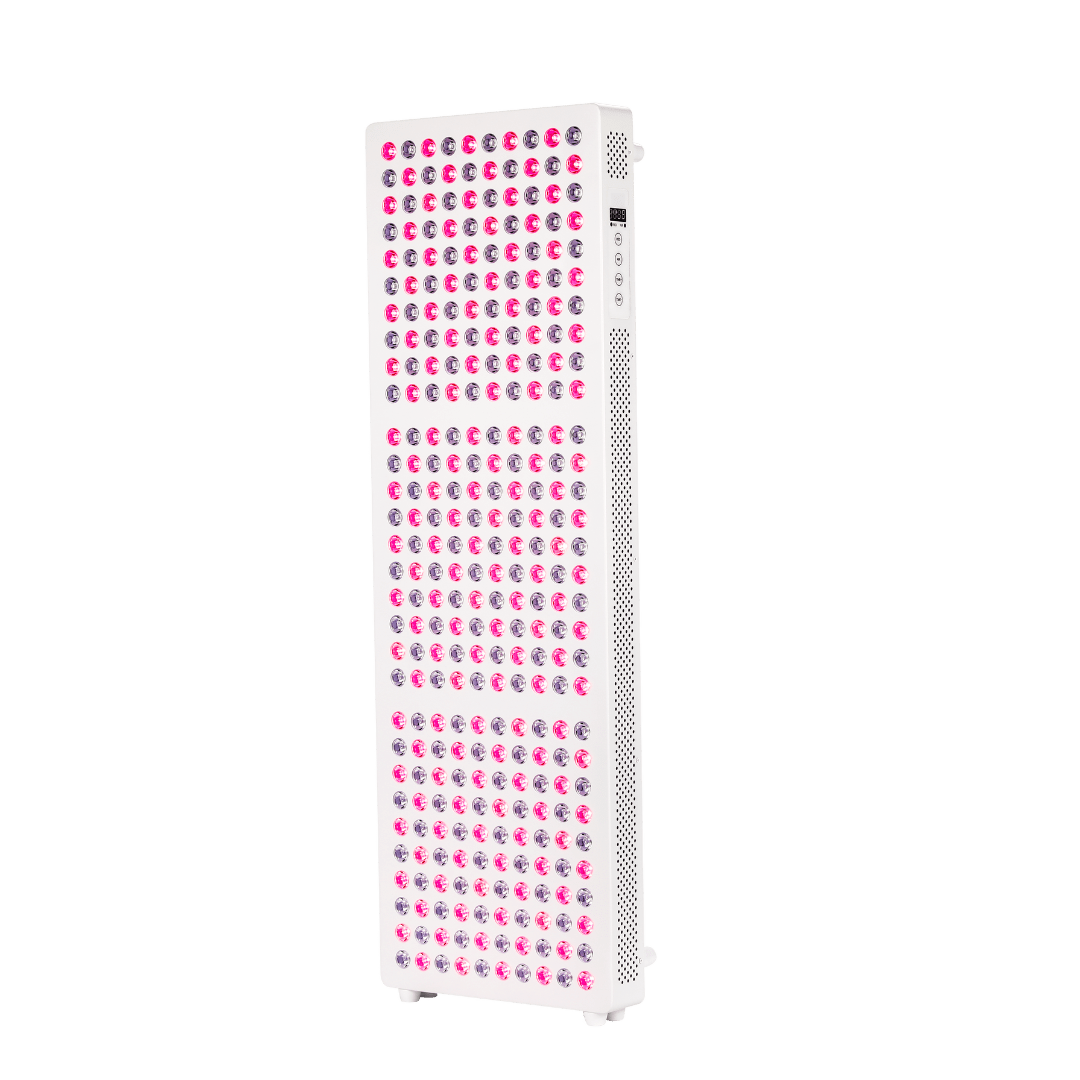 White Hero300 red light therapy panel at an angle with red LEDs illuminated