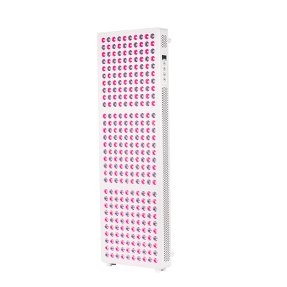 White Hero300 red light therapy panel at an angle with red LEDs illuminated