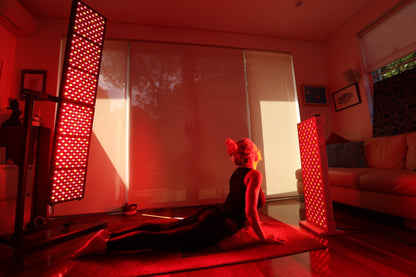 Woman in cobra pose between two Hero300 panels
